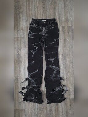 Machine Black Acid-Wash Flare Jeans with Buckle Straps-Size 3